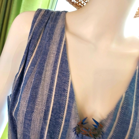 Calvin Klein Striped Linen & Rayon Jumpsuit in a Denim Blue & White. - Picture 13 of 16